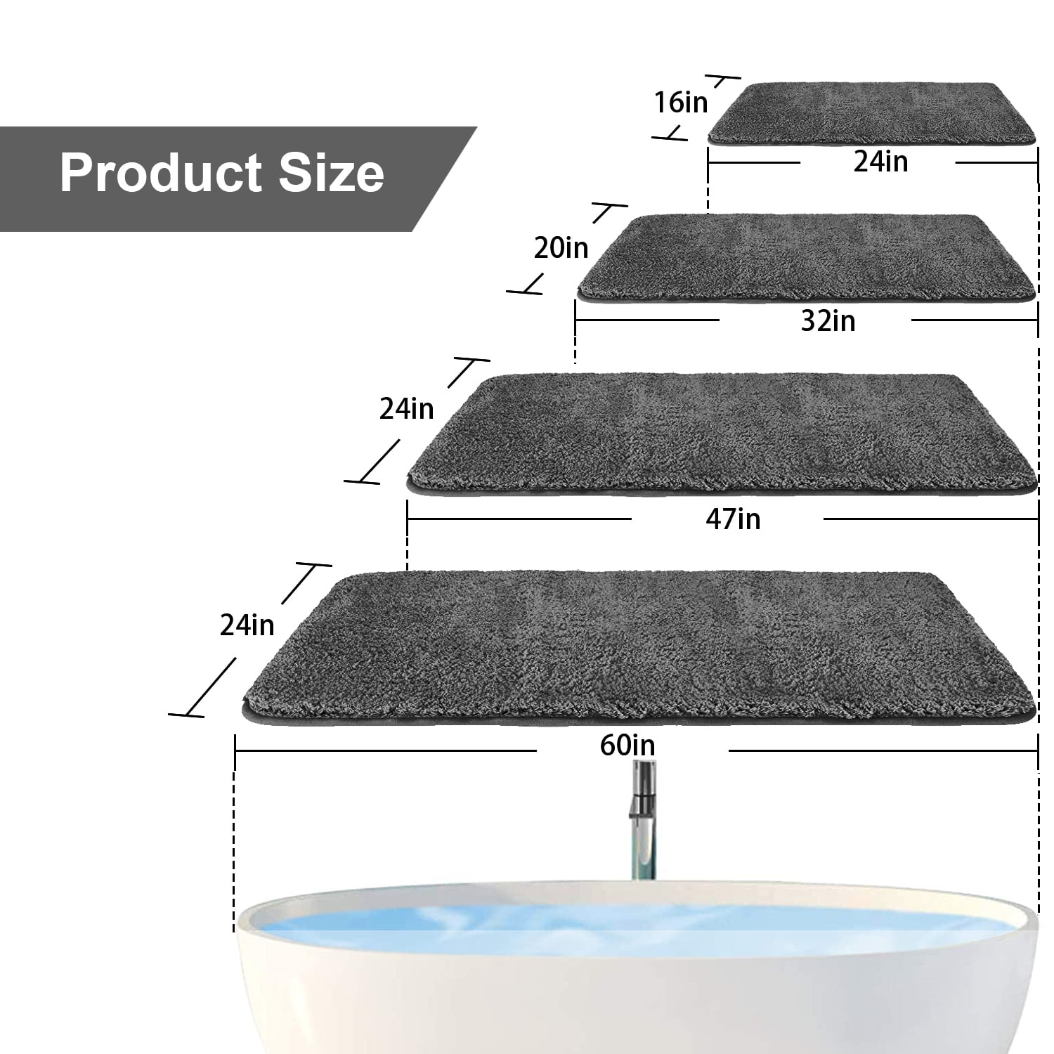 Bath Rugs for Bathroom Non Slip, Microfiber Washable Gray Large Bathroom Mat, Absorbent Shaggy Shower Floor Mat, Bath Rug Runner 16"X24"