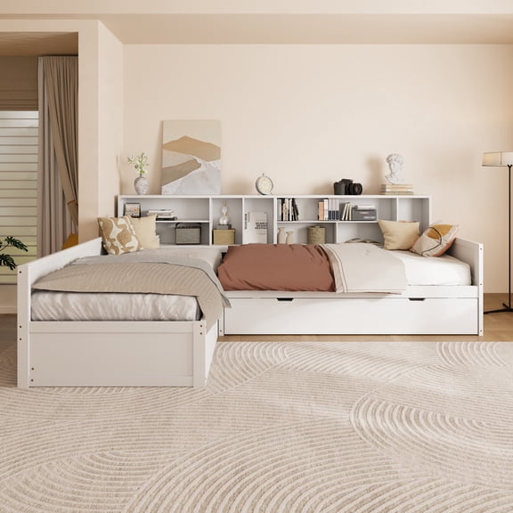 Twin Size L Shaped Daybed with Trundle & Drawers, Solid Wood Day Bed with Shelves and Bookcase, Versatile Corner Bed Frame for 3, Space Saving Design, White