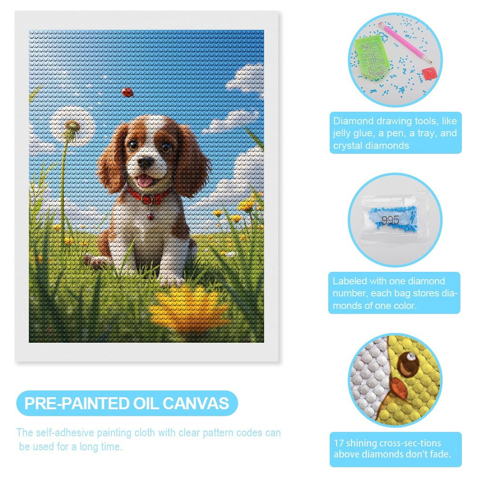Diamond Art Kit for Adults, Playful Puppy Meadow Scene Diamond Painting for Adults Beginners, 5D DIY Diamond Art Painting Kits, Colorful Diamond Painting Craft for Home Decor 12x16