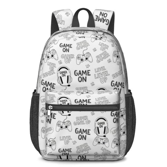Game Controller White Pattern 17" School Backpacks for Teens,Waterproof Oxford Fabric,S-Shape Padded Straps for School,Travel,Hiking,Camping
