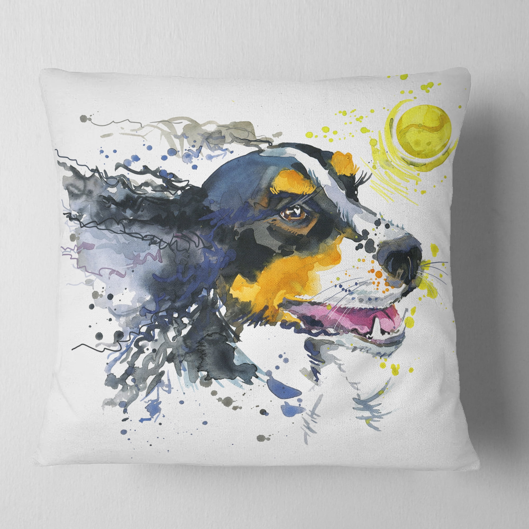 Designart Dog and Yellow Ball Watercolor - Abstract Throw Pillow - 18x18