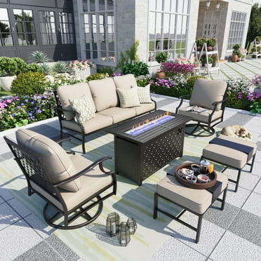 MF Studio 7-Seat Outdoor Patio Furniture Set with Fire Pit Table Metal Patio Conversation Set, Beige
