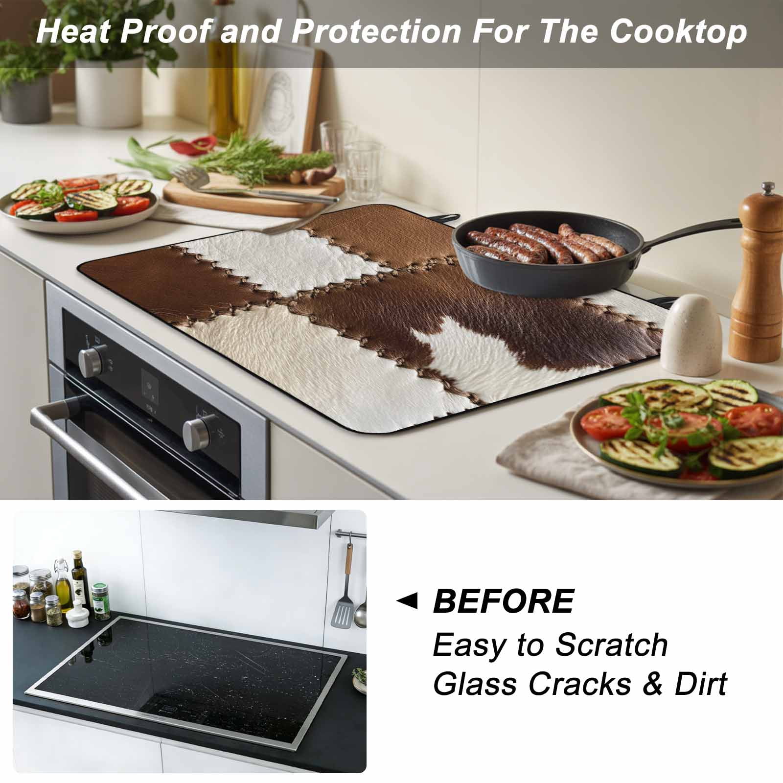 Brown White Leather Texture Stove Top Cover for Electric Stove, Heat-proof & Non Slip Glass Top Stove Cover Protector, Abstract Art Cowhide Kitchen Flat Cooktop Rubber Mat 24x21 Inches
