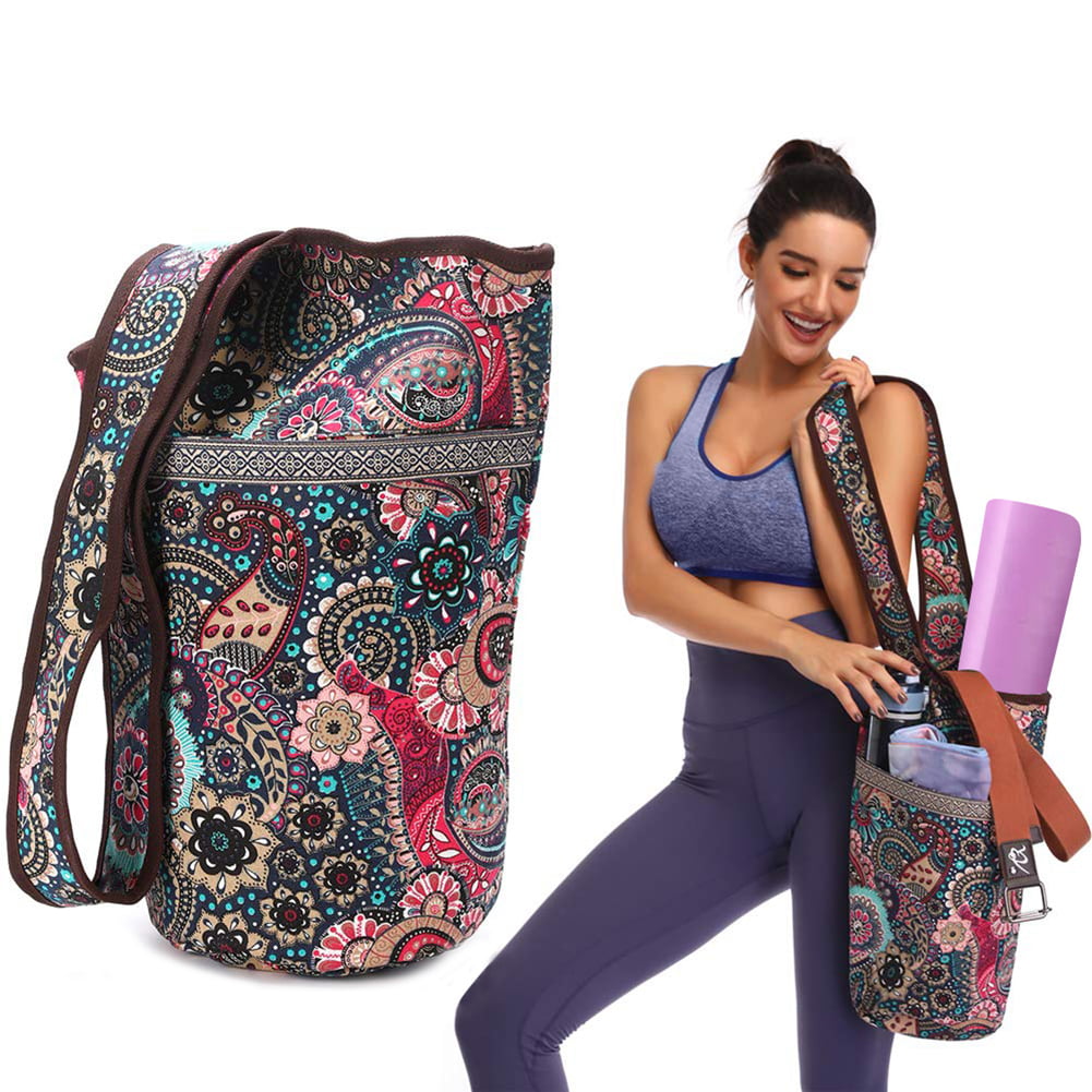 Yoga Pilates Mat Carry Bag Compact Canvas Sling Pack with Pocket and Zipper 