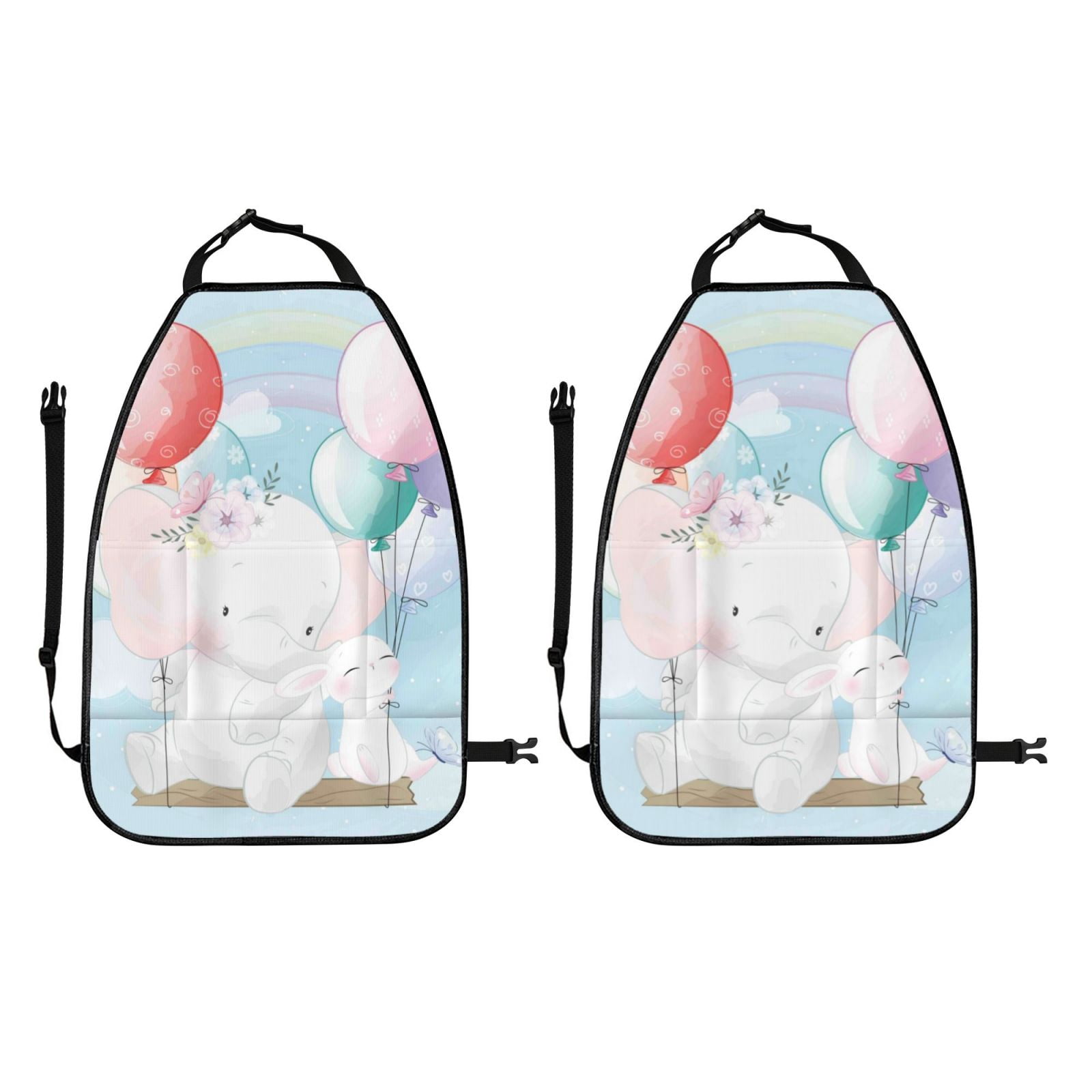 Kdxio Cute Elephant Print 2 Pack Car Kick Mat Seat Cover Back Protector Mat with Pockets for Organizer Backseat Protector and Storage Anti Kick Pad for Vehicles