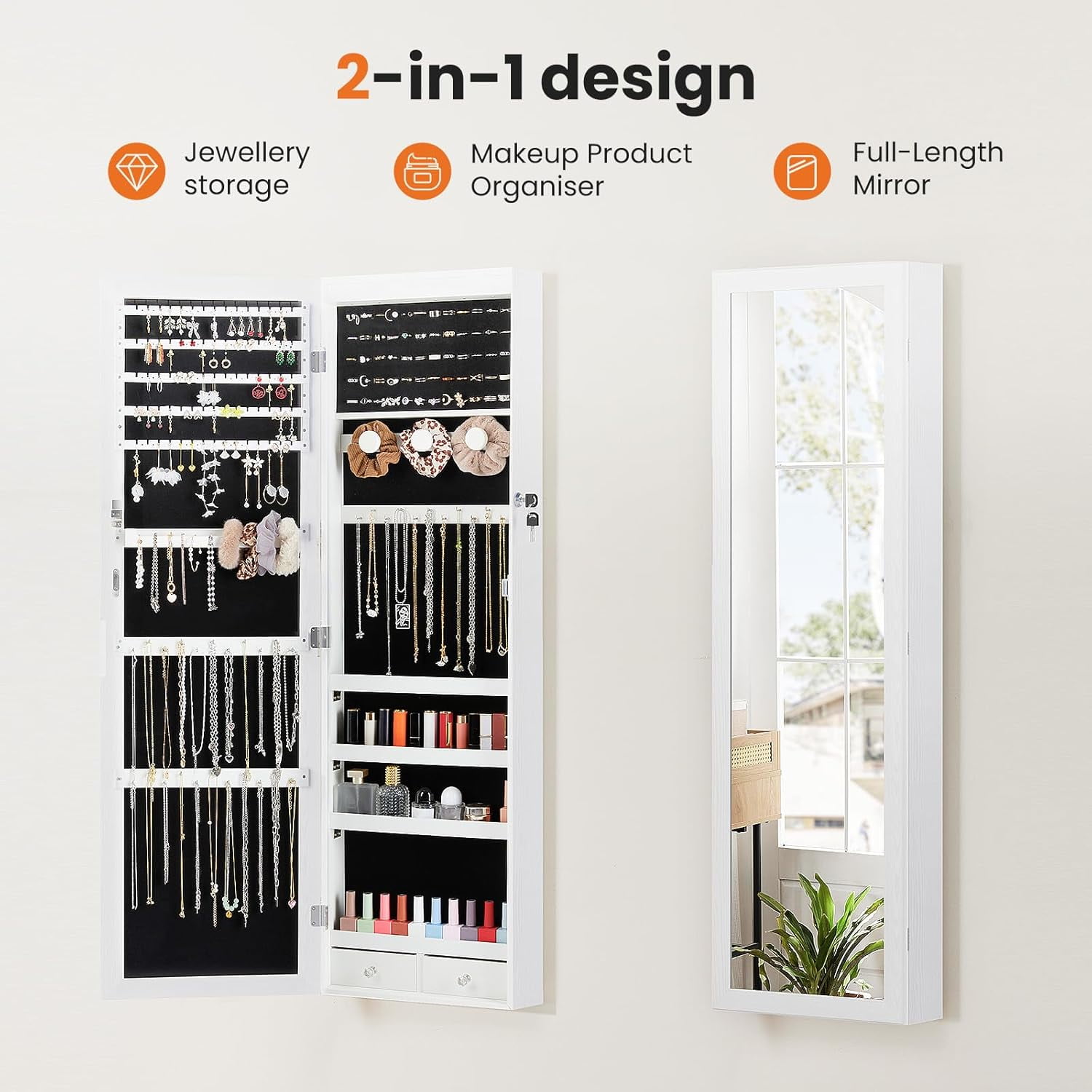 6 LEDs Full Length Mirror with Storage, 47.2'' Jewelry Armoire with Mirror, Lockable Jewelry Storage for Wall or Door Mounted