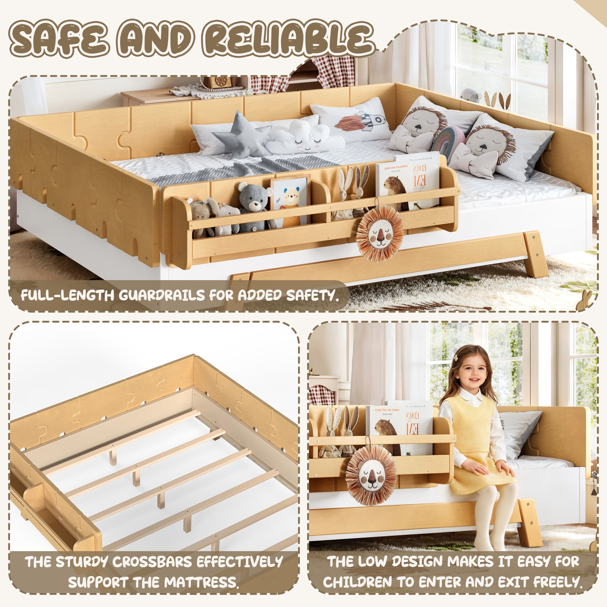 Mintazer Full Size Montessori Floor Bed Frame, Kids Puzzle Block Design Platform Bed with Guardrails & Bookshelf for Bedroom, Natural & Beige