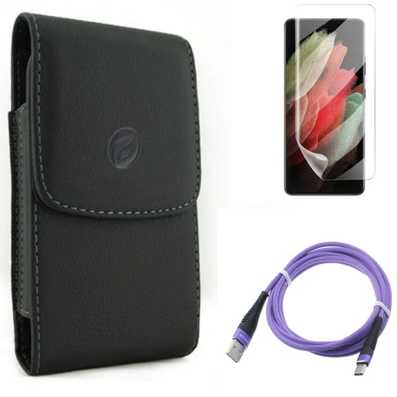 Case Belt Clip & 6ft USB Cable & Matte Screen Protector for Samsung Galaxy S21 Ultra Phone - Leather Holster & Purple Type-C & TPU Film Anti-Glare Accessory Bundle
