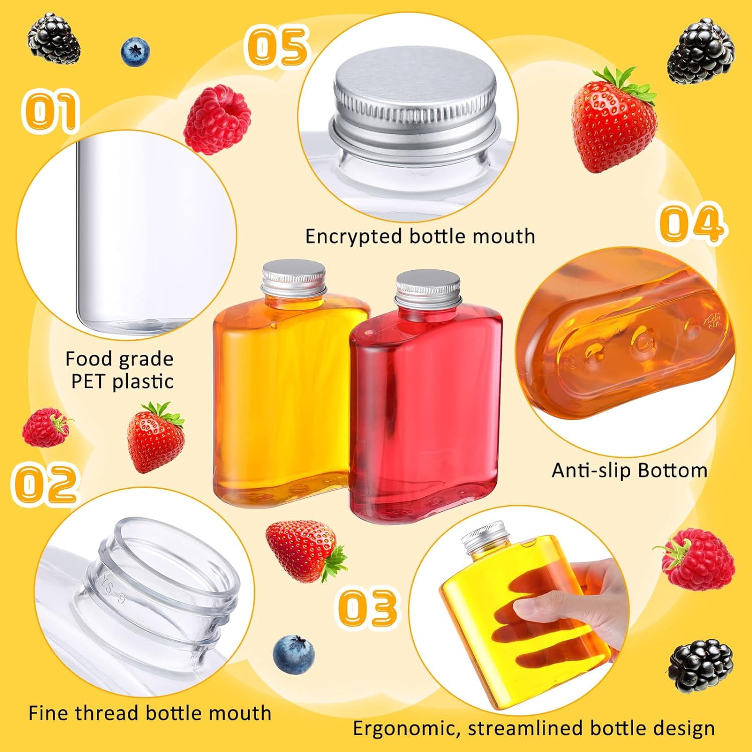 JUMRHFAN 24 Pack Plastic Bottles with Caps, Clear Juice Bottles Flat Water Bottle Plastic Flask Bottle Reusable Mini Beverage Container for Drinks, Milk, Tea, Alcohol, Liquor (10 oz)
