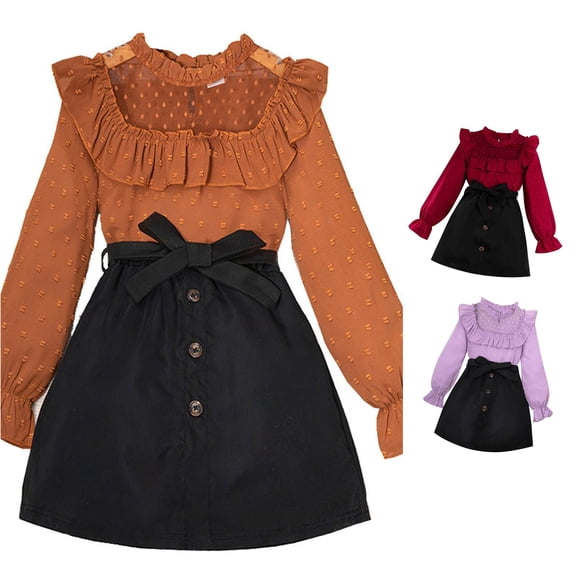 HCYSFG Girls Solid Color Formal Outfit Sets 2 Piece Swiss Dot Ruffle Blouse And Skirt Ruffle Neck Long Puff Sleeve Dress Clothes Sets Matching Sets