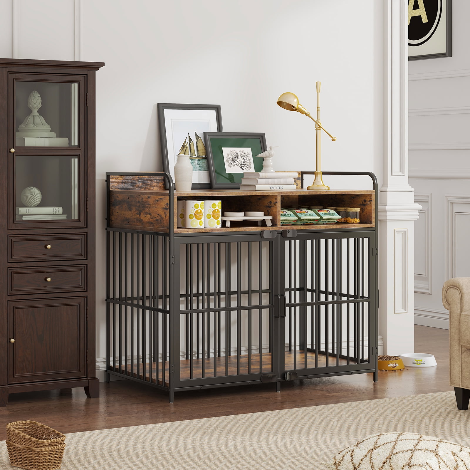 Large Furniture Dog Crate, Dog Kennel Indoor, Wood Dog Cage Table with Drawers Storage