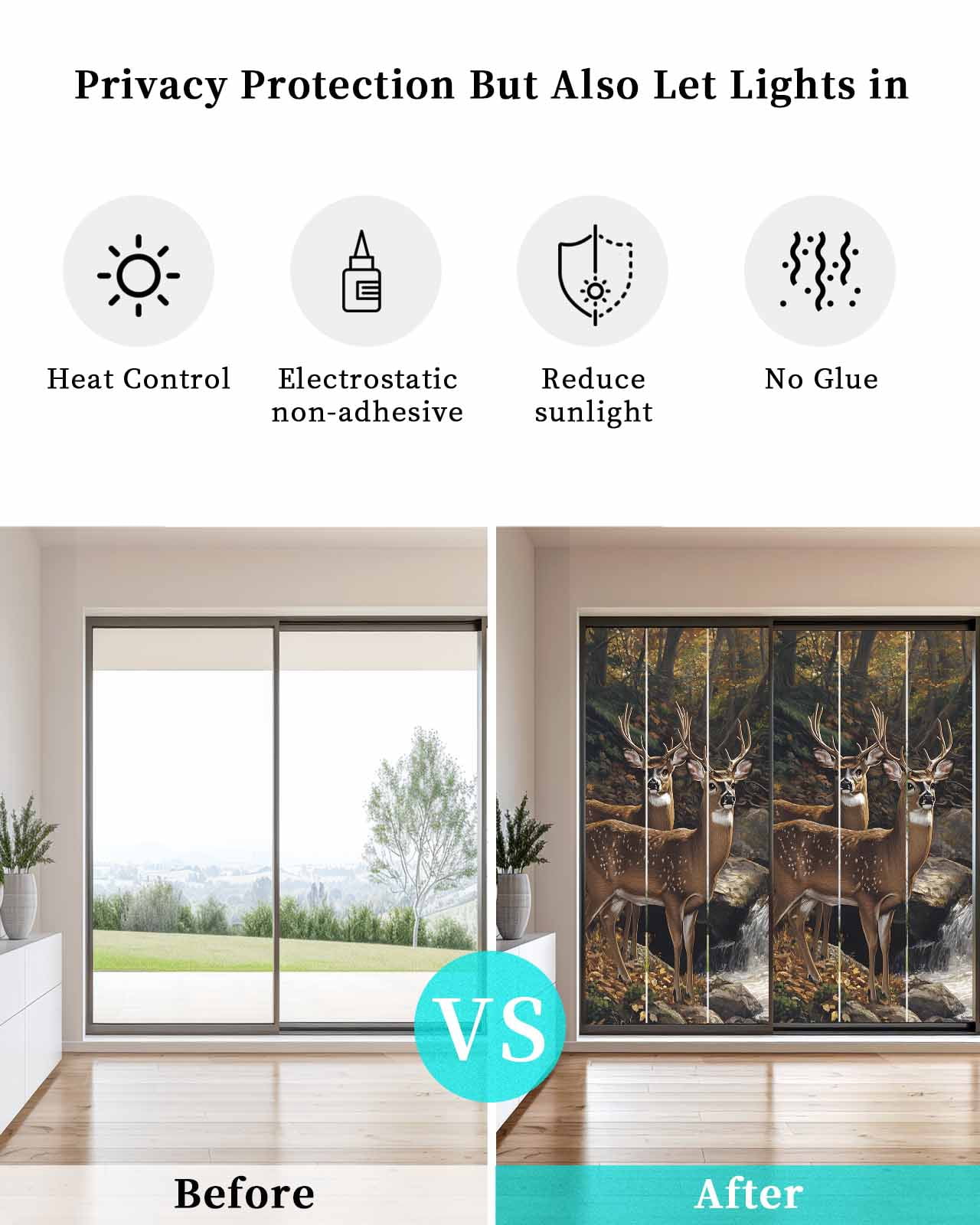 Window Privacy Film Forest Deer Stained Glass Window Film Decorative Sun Block Window Cover Farmhouse Vintage River Elk Window Clings Static Adhesive Sticker for Bathroom 23.6"x59"