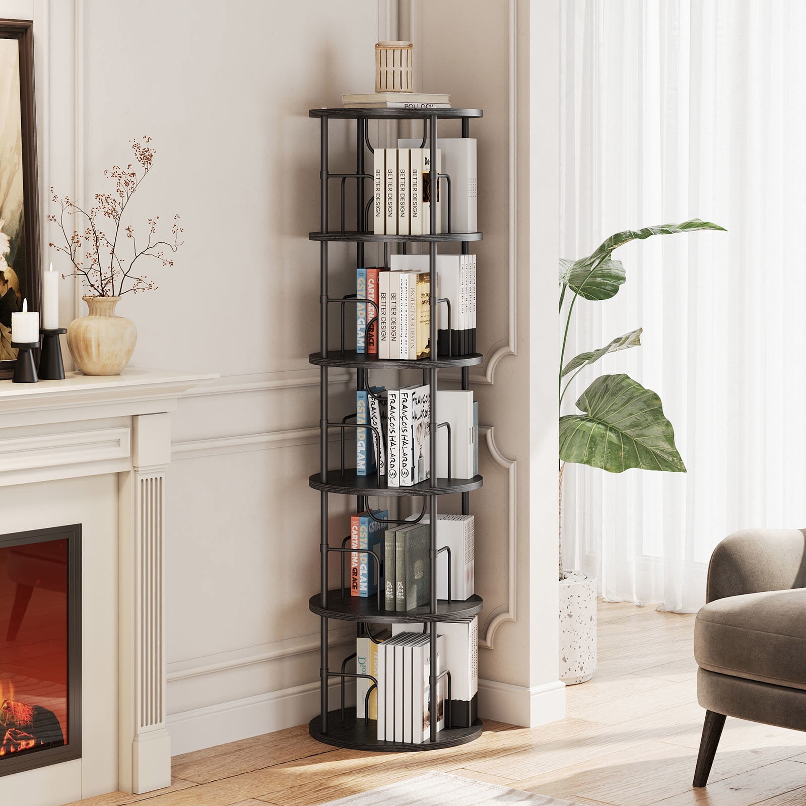 Flycity 5 Tier Rotate Bookcases, 360° Display Corner Shelf Spin Bookcases with Special Visible Partition Storage, Black
