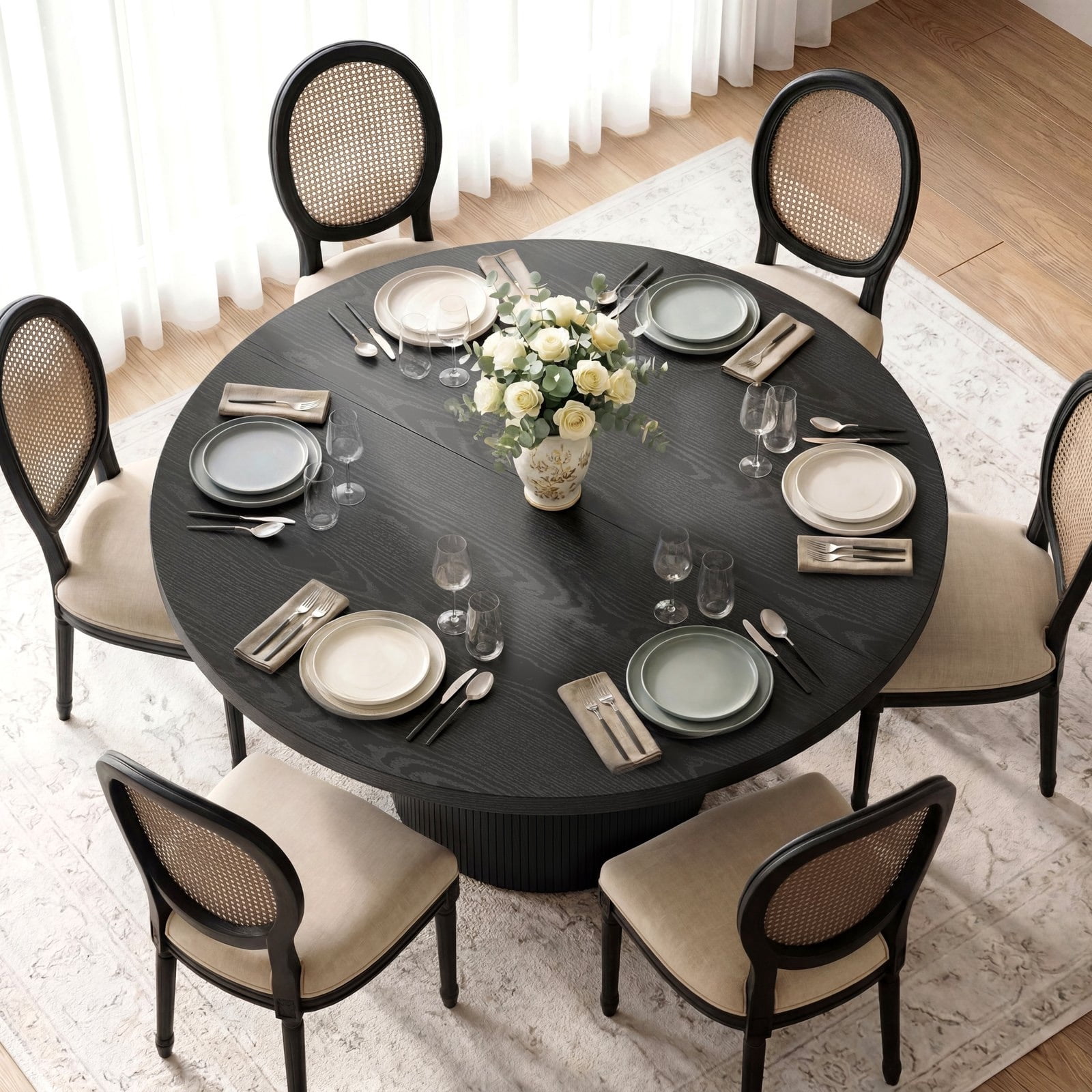 ROGALIS 47 inch Round Dining Table for 4-6, Circle Kitchen Table with Wood Strip Base, Modern Farmhouse Dinner Tables for Kitchen, Living Room, Black