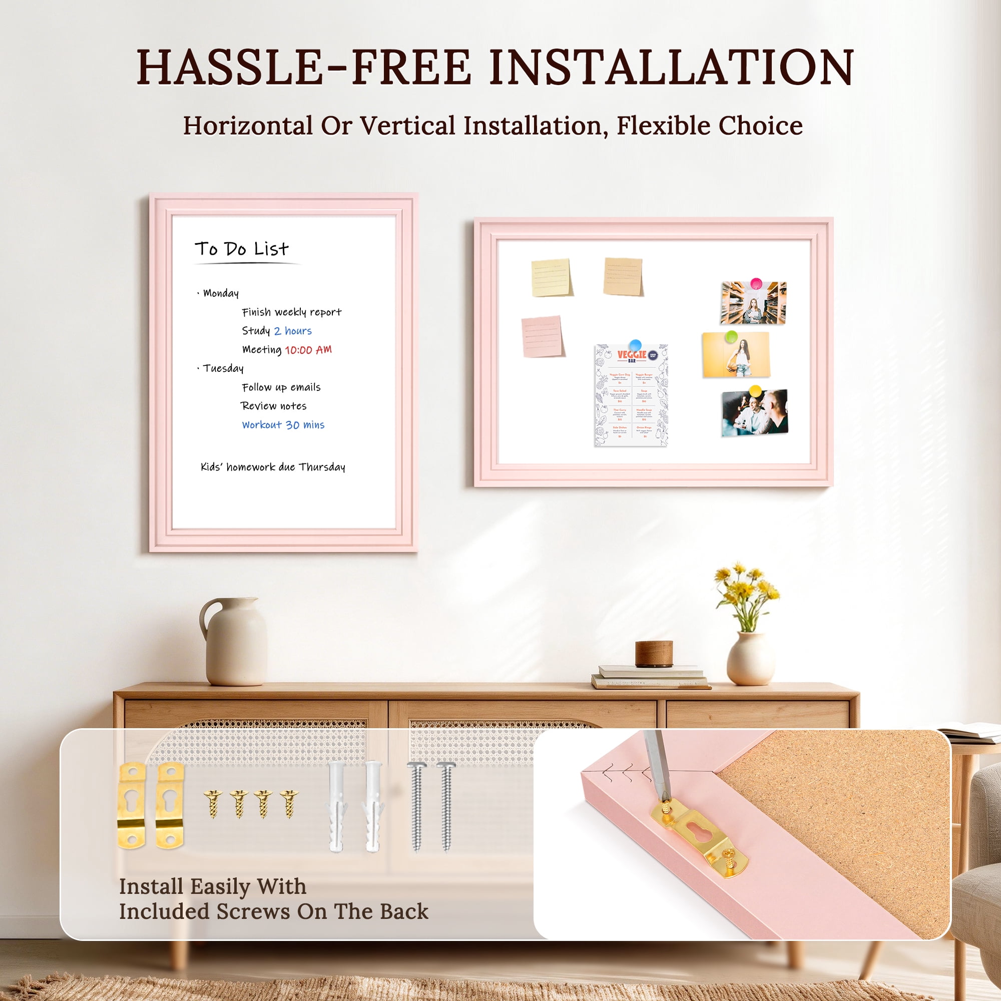 DOLLAR BOSS White Board Magnetic Whiteboard Dry Erase Board 24 X 18 Inches for Home School Office Wall Mount Magnetic Board Includes 1 Eraser & 4 Markers & 8 Magnets, Pink Wooden Frame