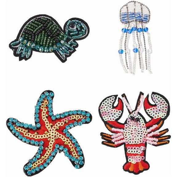 4 PCS Ocean Animals Beaded Rhinestone Patches 4 Style Tortoise Jellyfish Shrimp Starfish Sew On Appliques Sequins Bead Embroidery Applique Patches for Clothes Dress Hat Mixed Color
