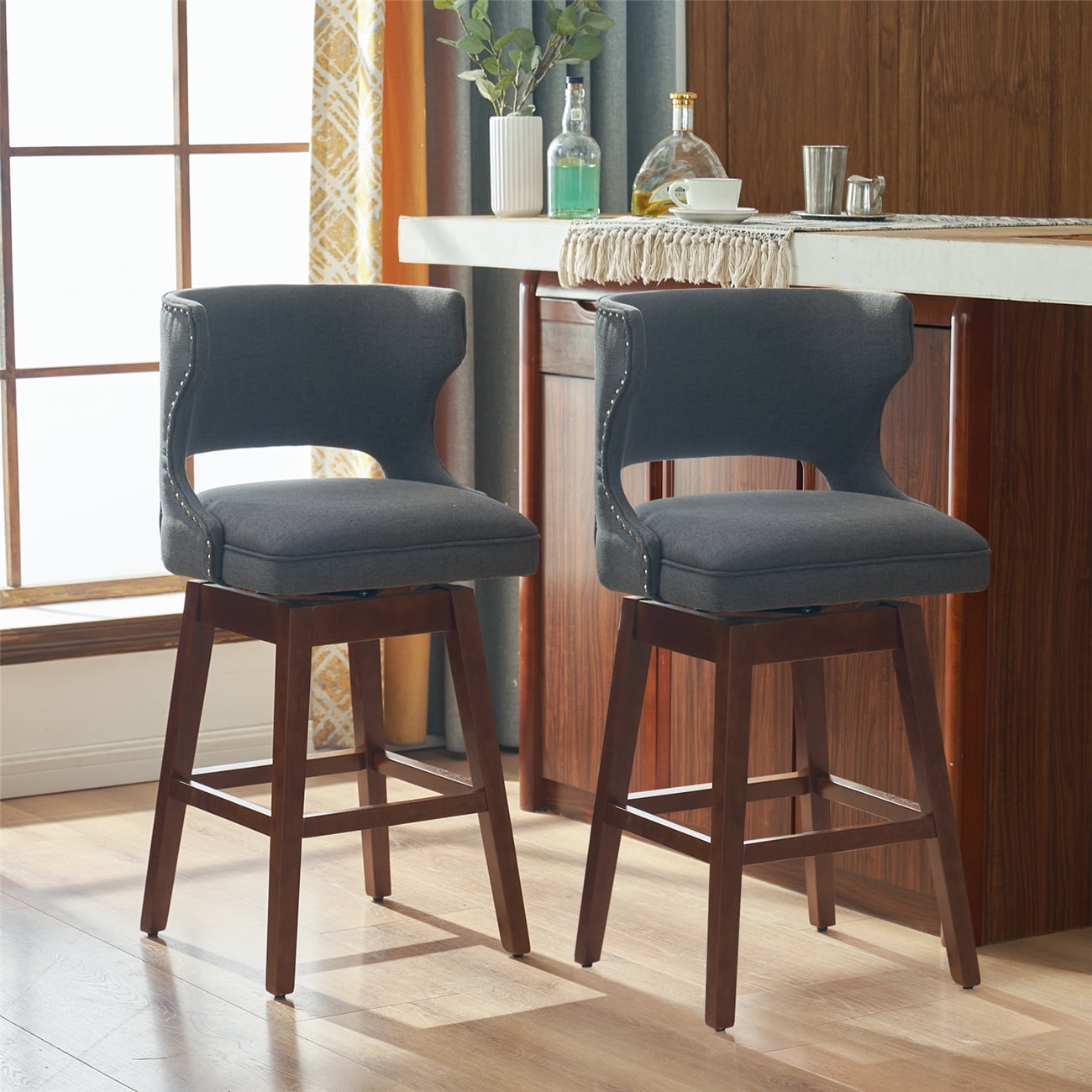 Bar Stools Set of 2, Modern Linen Upholstered Bar Chairs with Bull Head ...