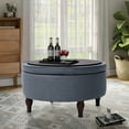 thumbnail image 3 of Abble Diameter 32 inch Denim Blue Fabric Upholstered Buttons Tufted Round Storage Cocktail Ottoman, 3 of 9