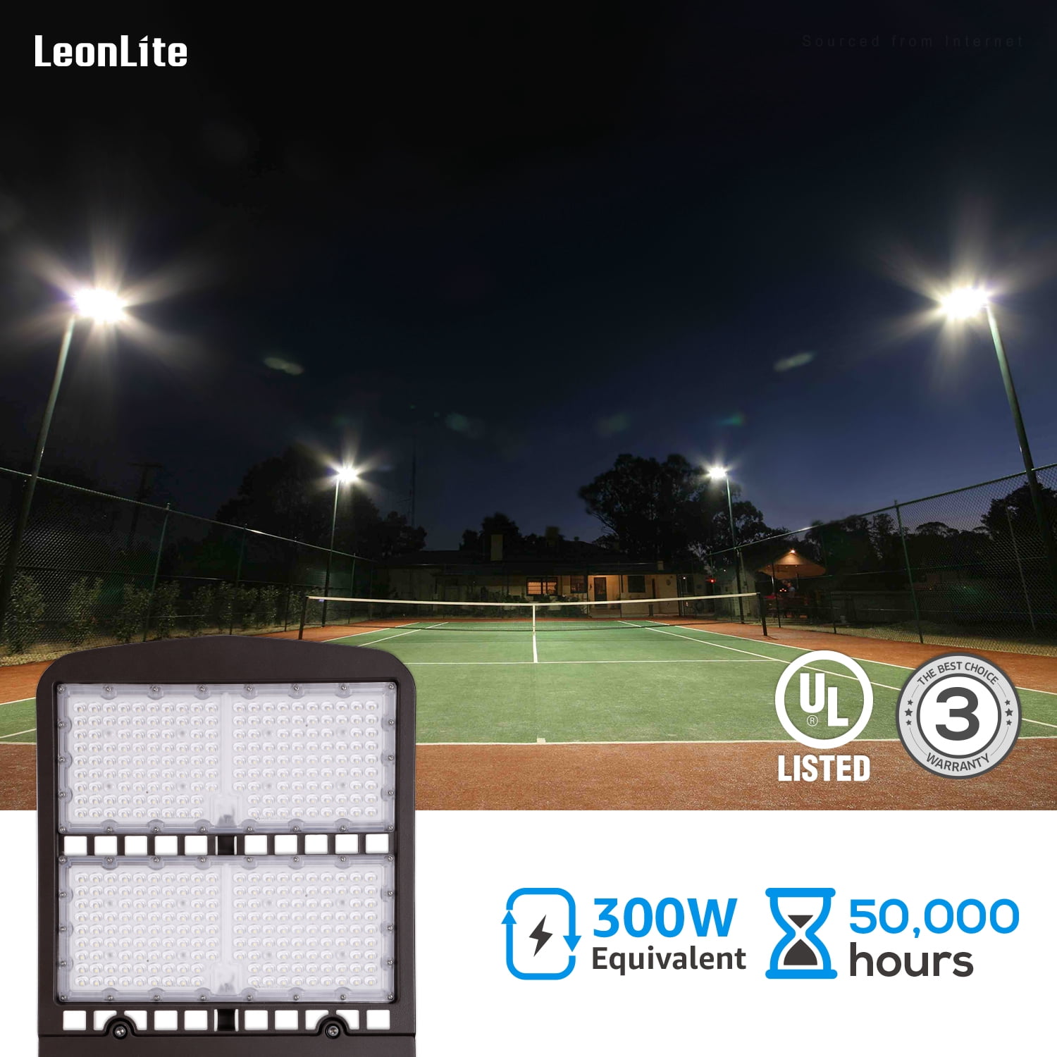 300W Outdoor Hardwired LED Parking Lot Pole Lights, Dusk to Dawn Commercial Security Flood Lights with Photocell, UL & DLC Listed, IP65 Waterproof