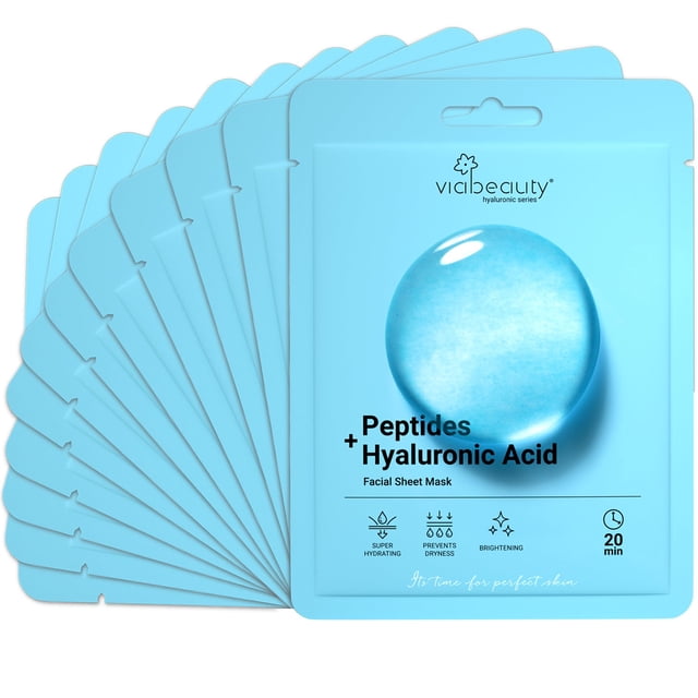 Mascarilla facial VIABEAUTY con ácido hialurónico con péptidos, paquete de 12