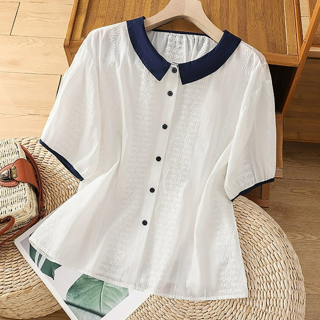 LOVZFMLL Cardigan for Women's Summer Commuting Small Style Color Blocked Doll Collar Hollow Short Sleeved Shirt