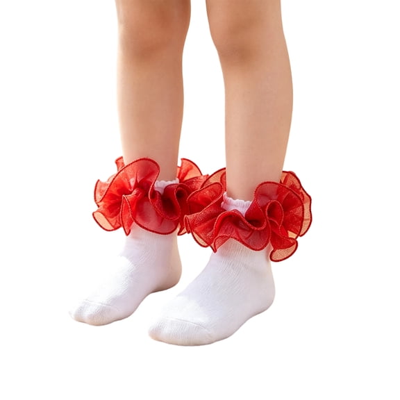 Lumtrix Girls Ruffle Socks Double Lace Frilly Church Dress Socks Toddler Soft Cotton Fancy Princess Socks Perfect For Back to School Wedding Party Daily Wear Red XXS