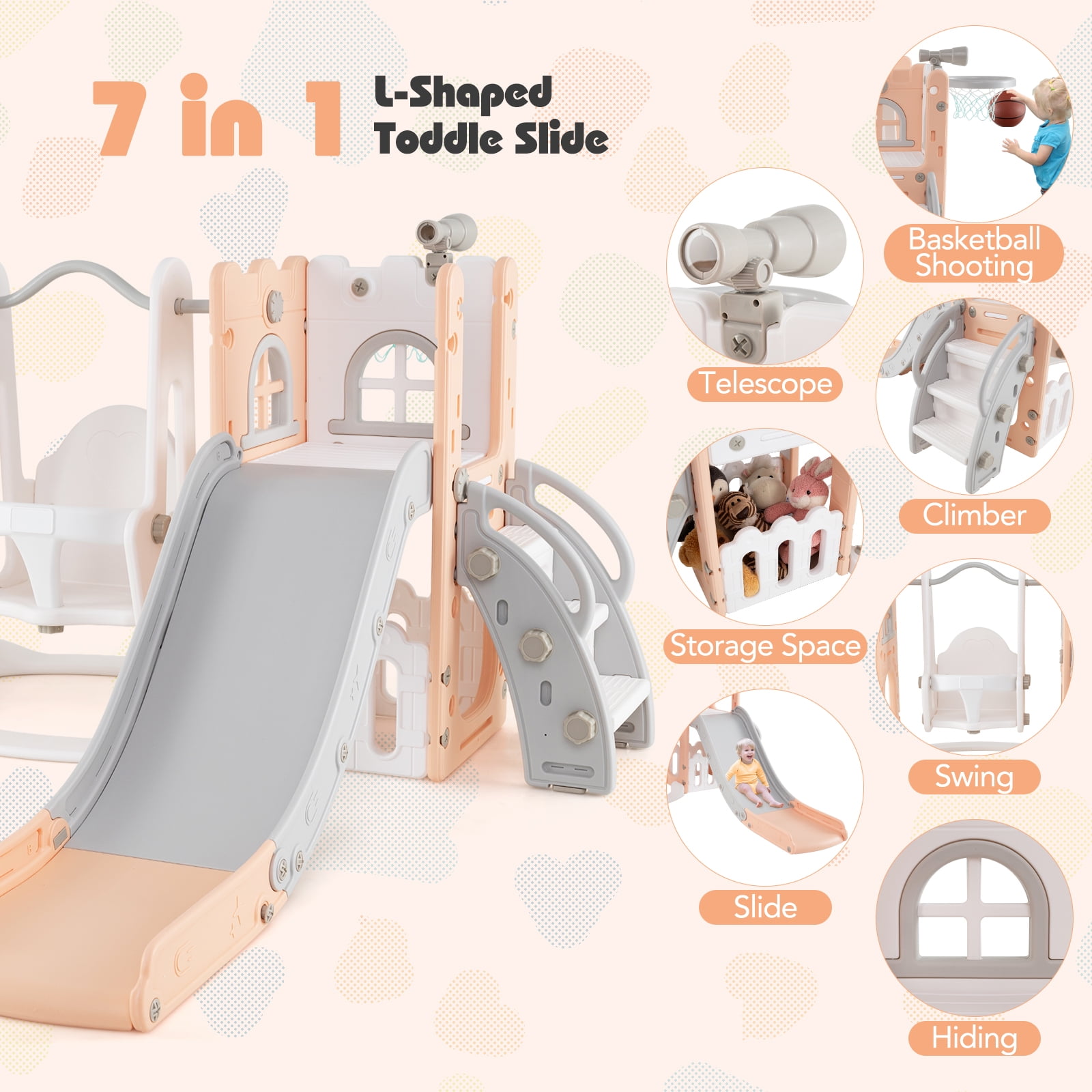 Patiojoy 7 in 1 L-shaped Toddle Swing and Slide Set Freestanding Toddler Slide Playset w/ Swing Pink