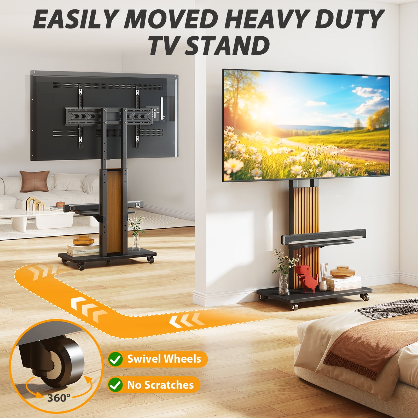 TAVR Heavy Duty Rolling TV Stand for 55-90 inch Large TVs up to 150 lbs, Universal Tall TV Stand with Mount, Height Adjustable TV Floor Stand with Large Storage Shelf for Living Room, Black