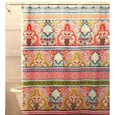 Geometric Fabric Shower Curtains Blue Pink Green Boho Fabric Shower Curtain: Floral Damask with Geometric Border Design, Multi Colored, 70