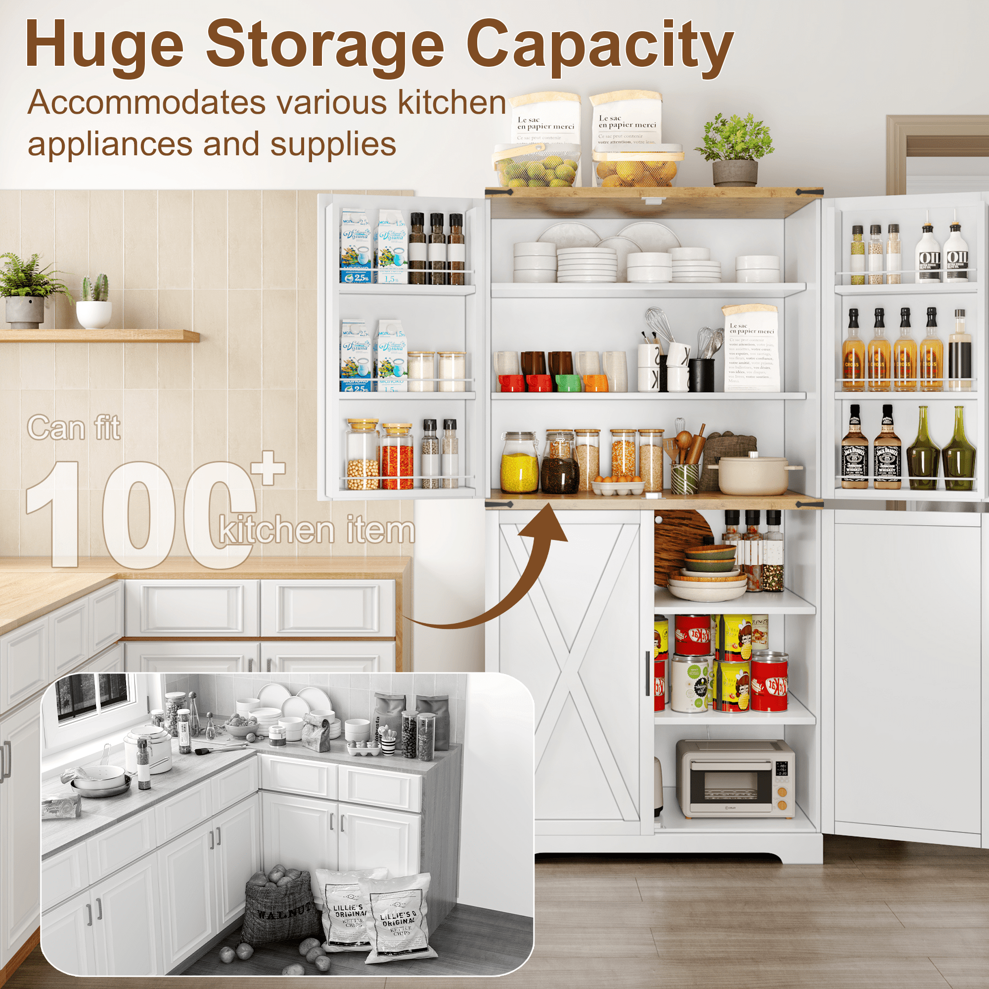 72.8'' Tall Kitchen Pantry Cabinet with 4 Barn Doors,Wood Storage Cabinet with Adjustable Shelves for Dining Room Living Room, White