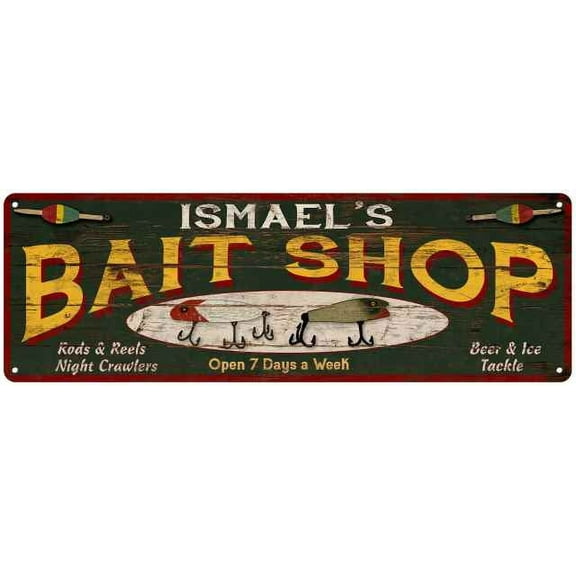 ISMAEL'S Bait Shop Sign Wood Look Man Cave Den Gift 6x18 Metal 106180024432