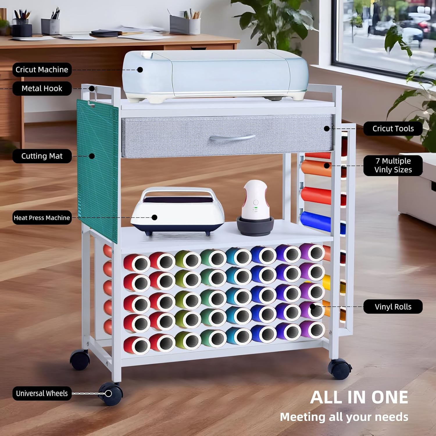 Organizers and Storage Compatible with Cricut Machines Rolling Craft Storage Cart with 47 Vinyl Roll Holders for Craft Rooms Home Removable Patent Protected 001 Black Wood Grain