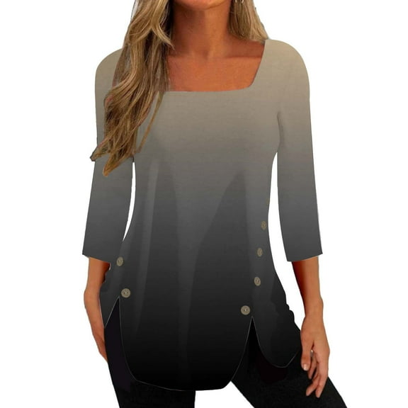 JINMGG Fall Winter Long Tops for Women, Womens Plus Size Fashion Women T-Shirt Mid-length 3/4 Sleeves Blouse Round Neck Casual Tops