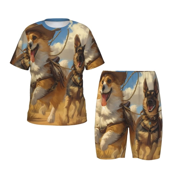 Fotbe Farm Corgi German Shepherd Pijama Estampada de 2 Piezas para Niños – Ropa de Dormir de Manga Corta Cómoda para Niños y Niñas, Camiseta y Shorts de Algodón-Medium