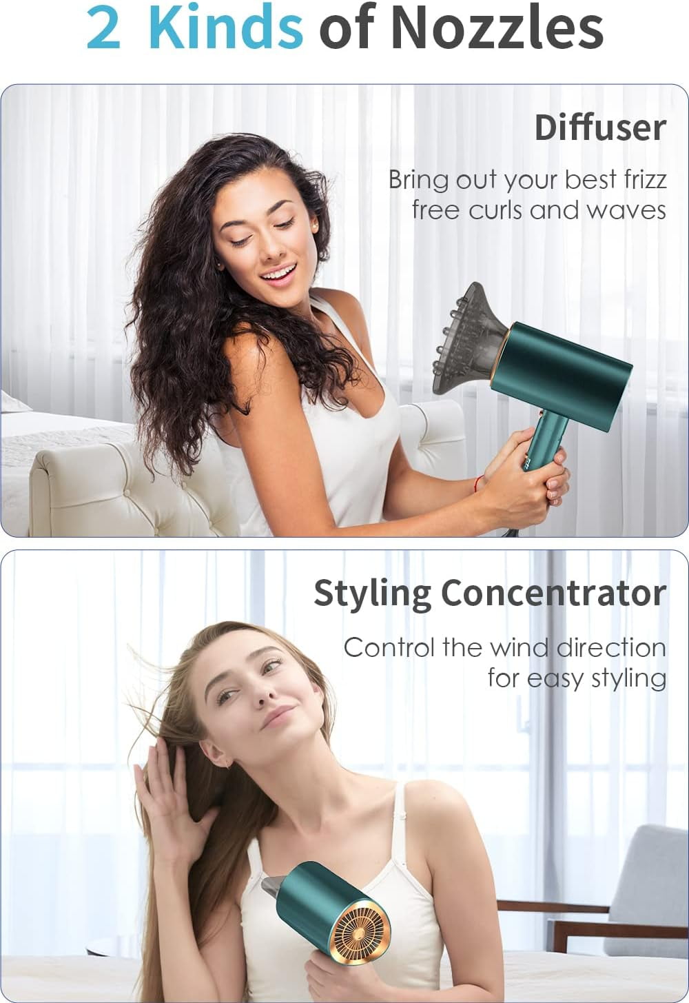 Professional Ionic Hair Dryer Blow Dryer with Diffuser and Concentrator for Curly Hair,Foldable Handle Travel Hair Dryer,Constant Temperature Hair Care (Vintage Green)