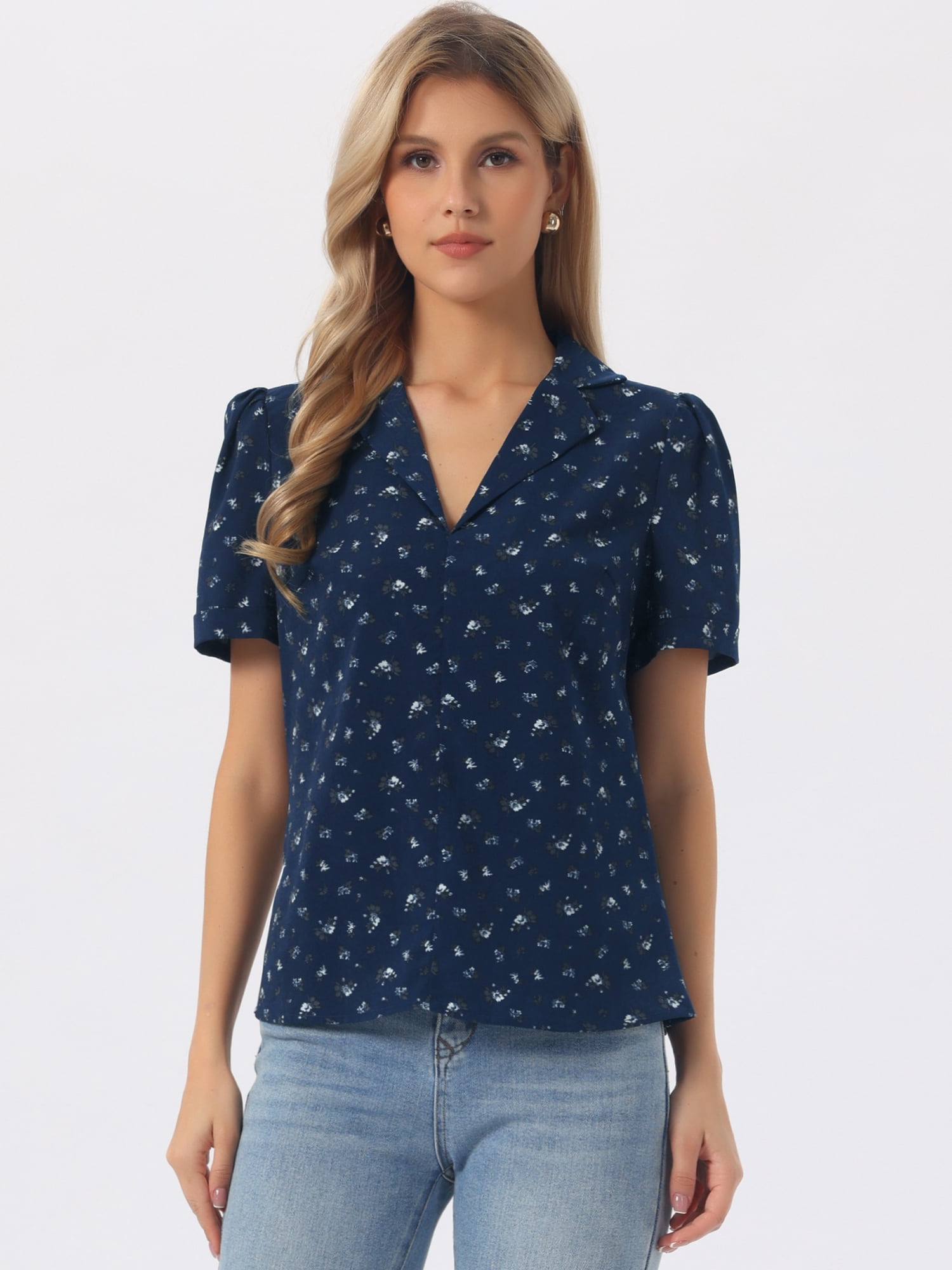 DARING DIVA Women's Floral Short Sleeve V Neck Blouses M Dark Blue