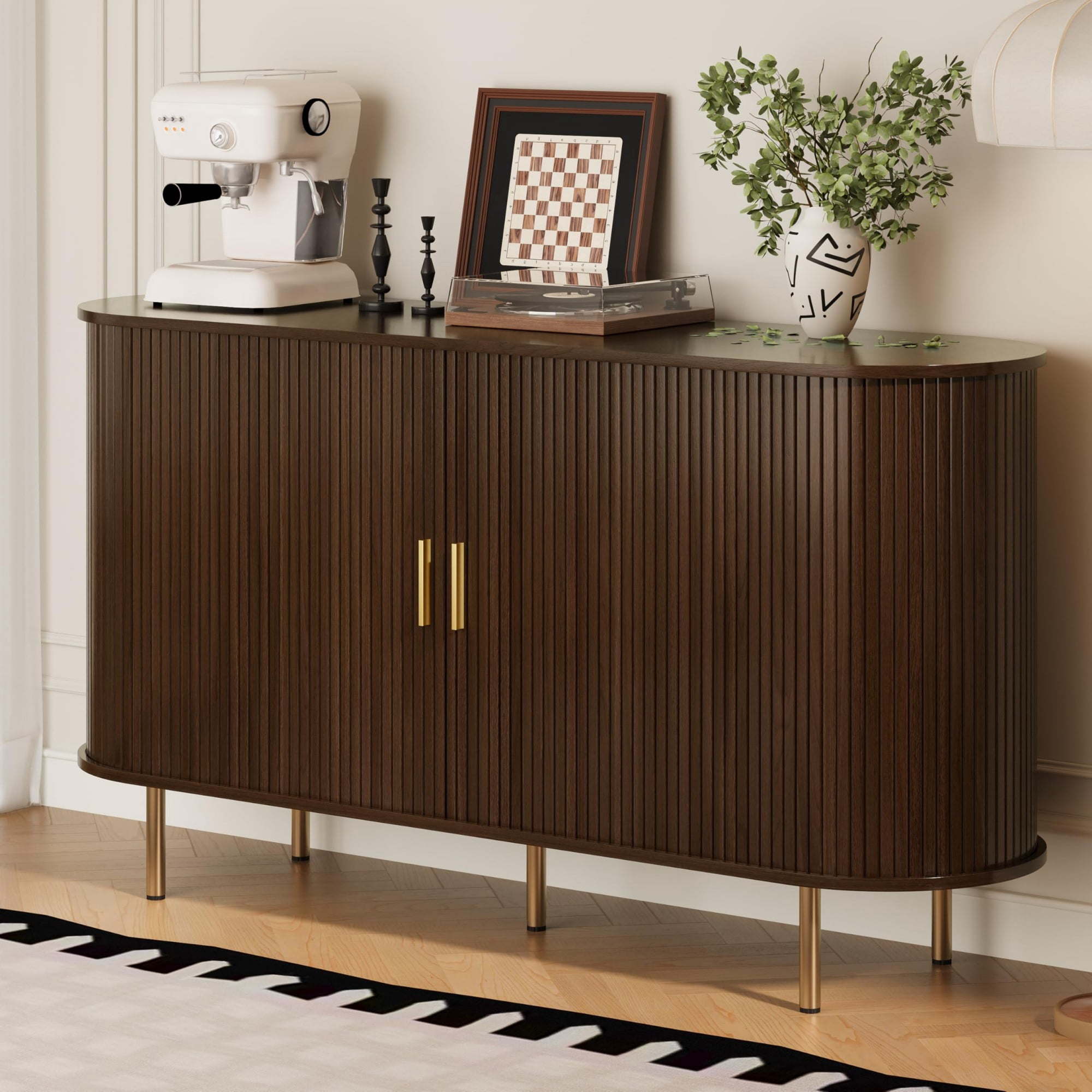 Mid Century Modern Sideboard Buffet Cabinet, 55 Inch Fluted Coffee Bar Console with Tambour Sliding Doors, Coffee