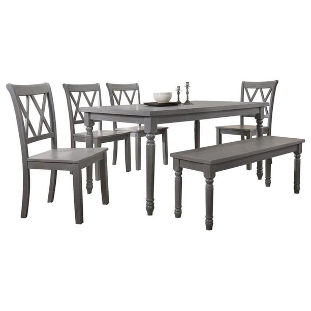 Bowery Hill 6-Piece Solid Wood Dining Set with Bench in Rustic Gray ...