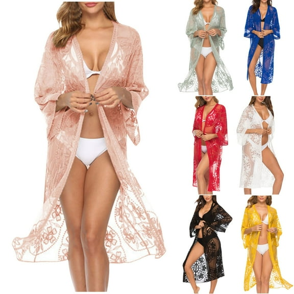 Eiyaclvo Women's Long Swimsuit Coverup Summe Beach Kimono Cover Up Floral Lace Open Front Bikini Sheer Beach Cover Ups Long Kimono Cardigans