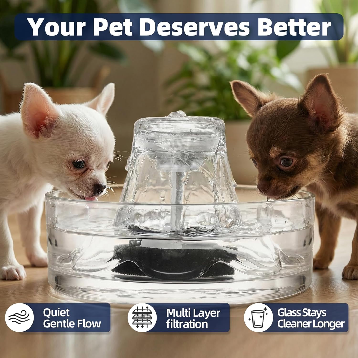 Ultra-Quiet 2.6L Glass Water Fountain for Cats and Dogs, Automatic Indoor Pet Drinking Dispenser for Multi-Pet Homes