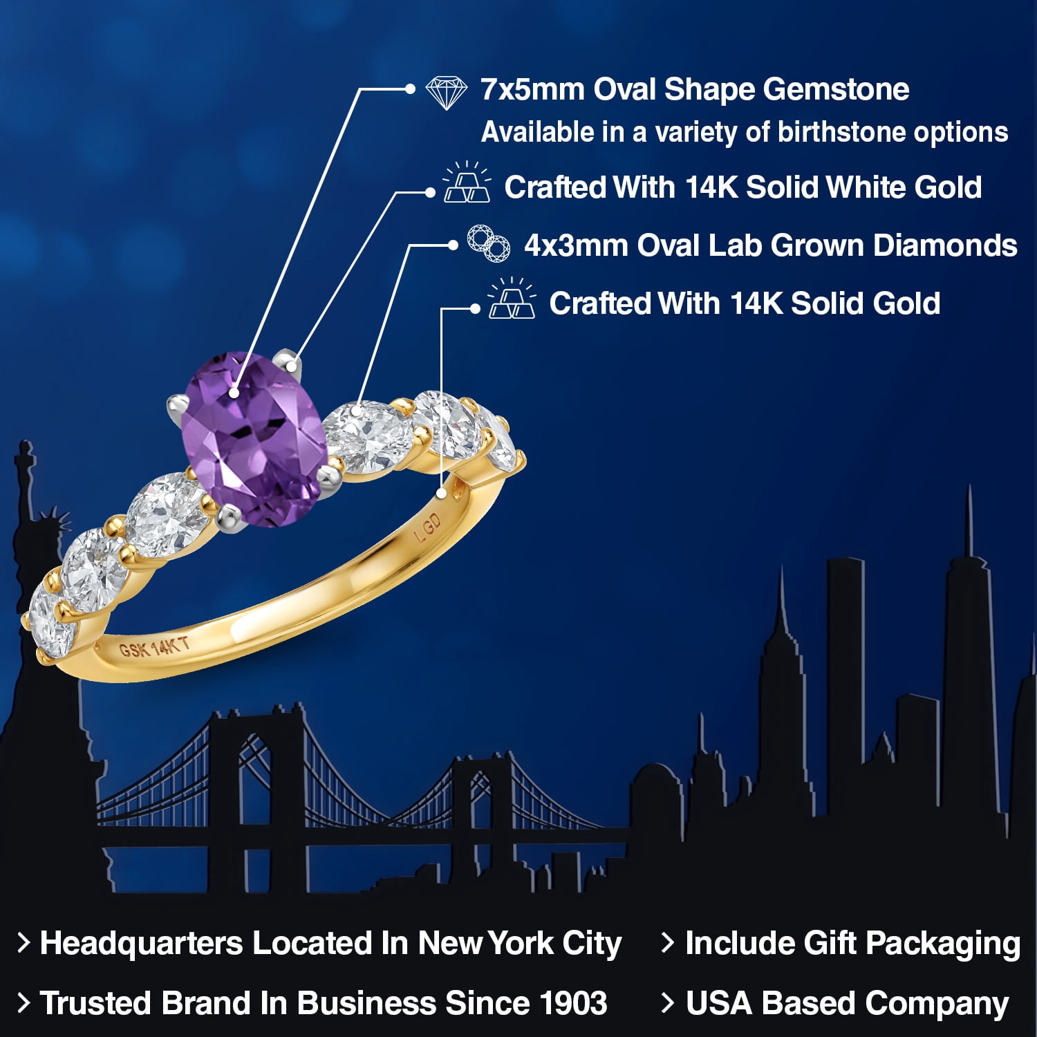 Gem Stone King 14K Two Tone Gold Purple Amethyst and Lab Grown Diamond Engagement Ring for Women | 1.65 Cttw | Oval 7X5MM | Gemstone February Birthstone | Size 8