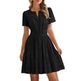 thumbnail image 3 of cocolona Womens Short Sleeve V-Neck Elastic Waist Dresses Summer Casual Solid Color Pleated Mini Dress Vacation Beach Sun Dress, 3 of 7