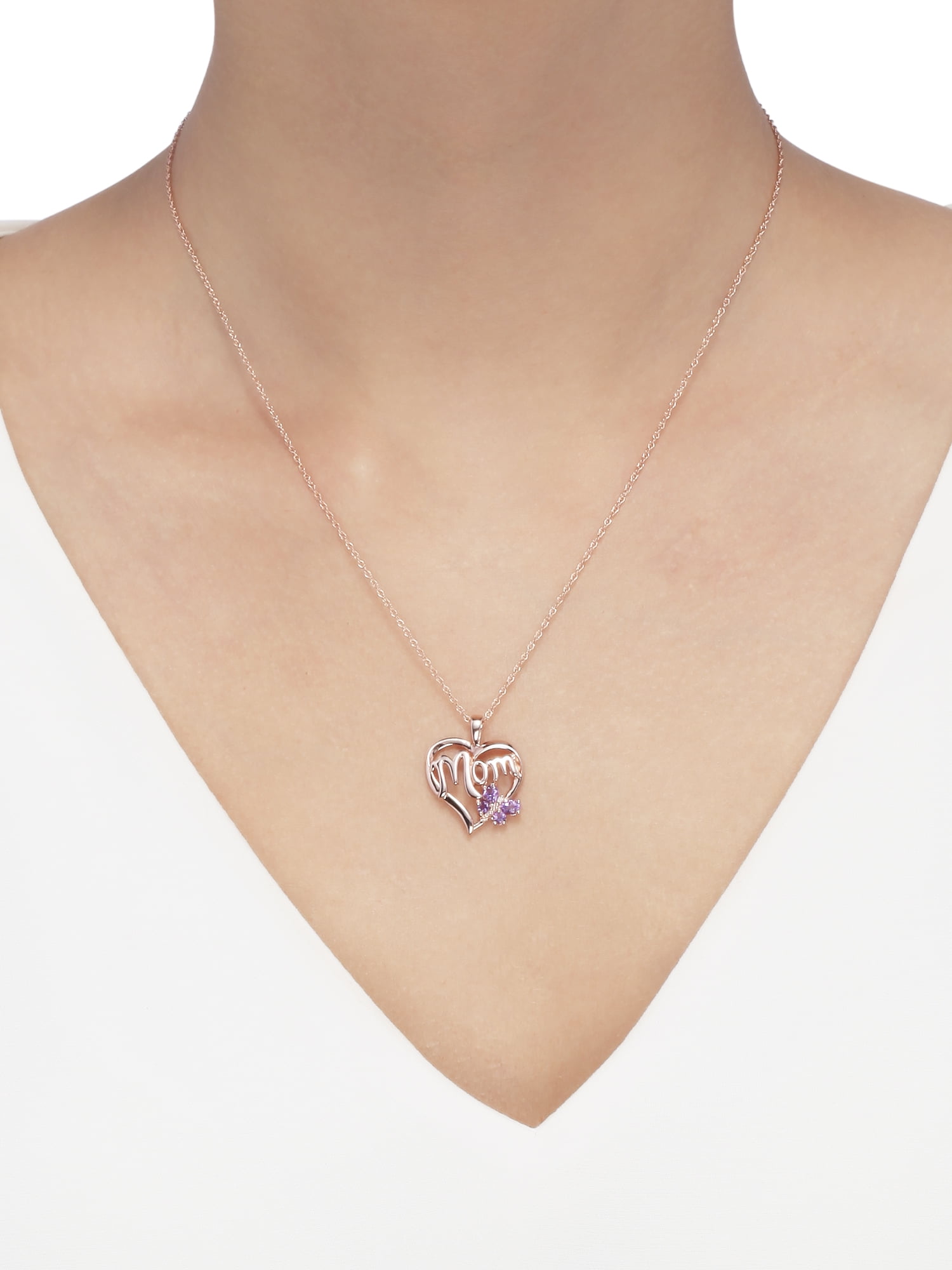 Brilliance Fine Jewelry 14K Rose Gold Plated Sterling Silver Mom Heart Pendant with Amethyst Butterfly, 18''