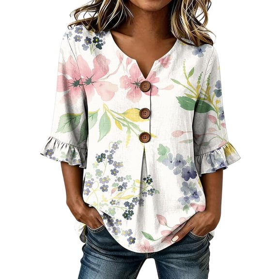 Levmjia Women's V Neck Floral Blouse Short Sleeve Button Down Top Summer Casual Loose Fit Flowy Shirt with Flutter Sleeves