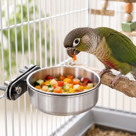 Aoznliie Bird Feeding Dish Cups, 2 Pack Stainless Steel Bird Bowls for Cage, 6x6x2 inch Bird Cage Accessories with Tip-Proof Lock, Silver