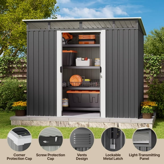 Lofka  8x6 FT Outdoor Metal Storage Shed  Clearance with Sliding Door - Lockable Garden Tool Shed for Yard, Patio, Backyard Organization (Gray)