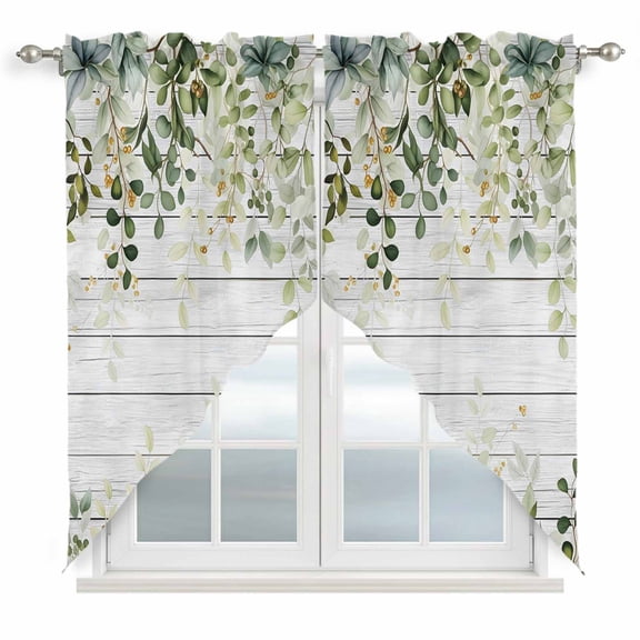 Swag Valance Curtains for Windows, Green Light Filtering Kitchen Curtains with Rod Pocket, Eucalyptus Leaves Decorative Window Treatment Valances for Living Room, 36x36 - 2 PCS