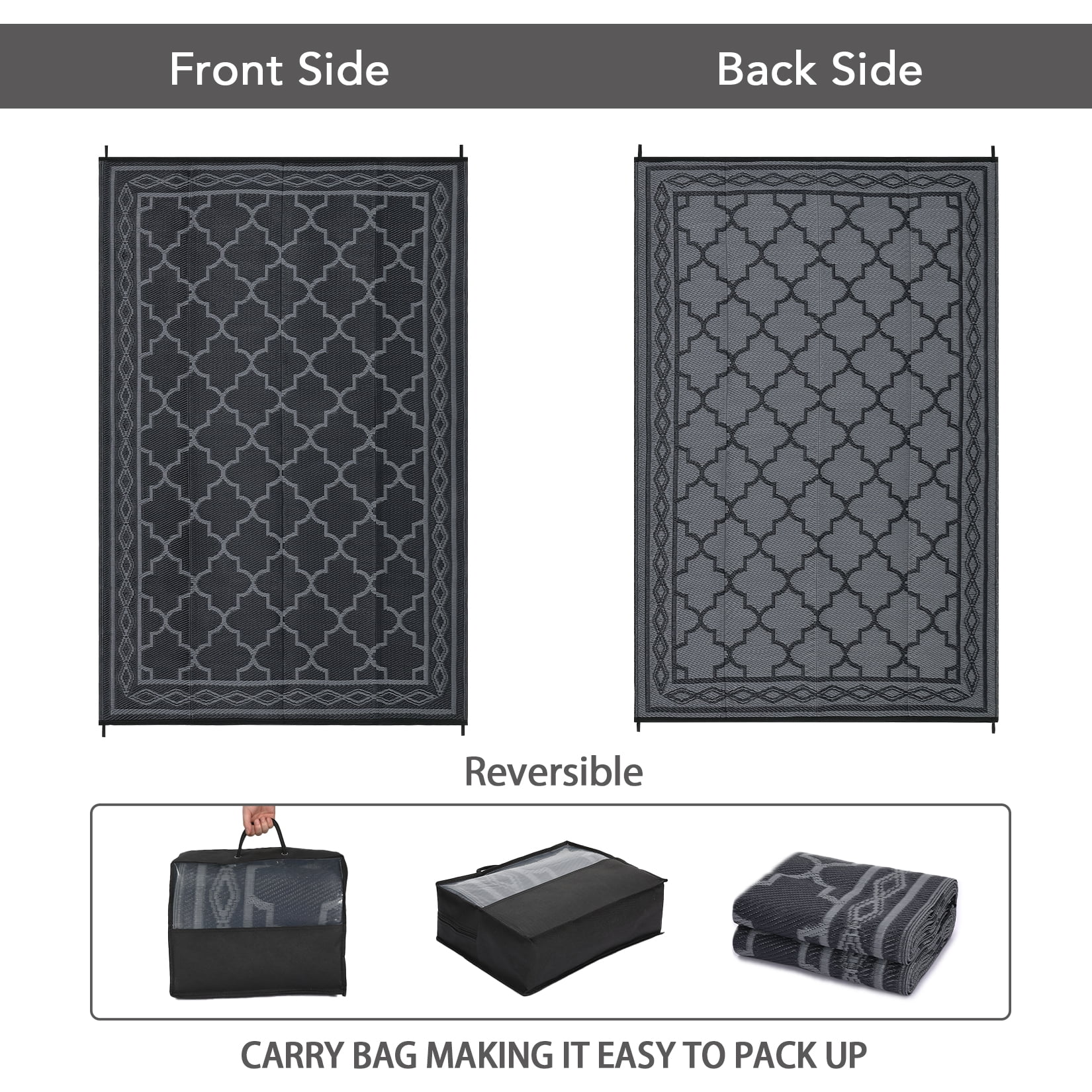 GlowSol 10' x 14' Outdoor Rug Plastic Patio Rug Woven Plastic Straw Waterproof Rug Moroccan Reversible Camper Rug for RV Backyard Deck Picnic Beach, Black Gray