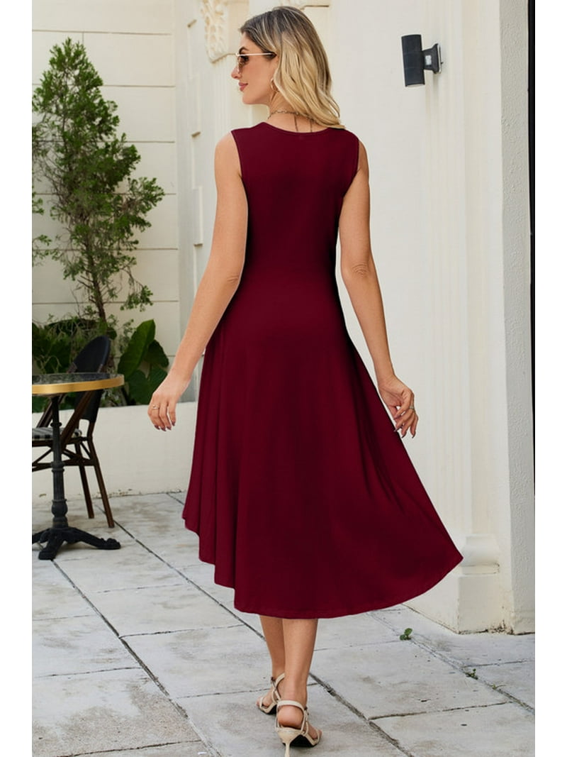 HVEOO Women's Sexy Round Neck Sleeveless Faux Wrap Ruched Sheath Cocktail Party Work Dress, Burgundy Size XL HVEOO Women's Sexy Round Neck Sleeveless Faux Wrap Ruched Sheath Cocktail Party Work Dress, Burgundy Size XL