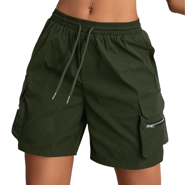 Pantalones Elásticos de Cintura para las Mujeres de Moda Casual Pantalones Cortos de Color Sólido con Cremallera de Bolsillo Dibujo Cómodo